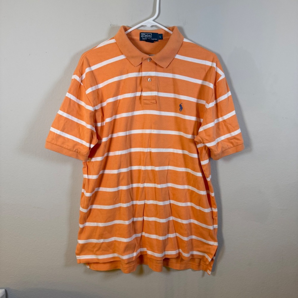 Polo Ralph‎ Lauren Men's Orange White Striped Short Sleeve Polo Shirt Size L